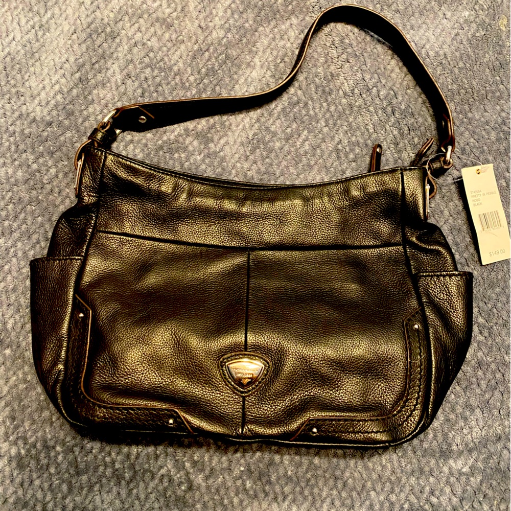 Black leather, shoulder purse NWT Tignanello, gold metal, multicolor interior